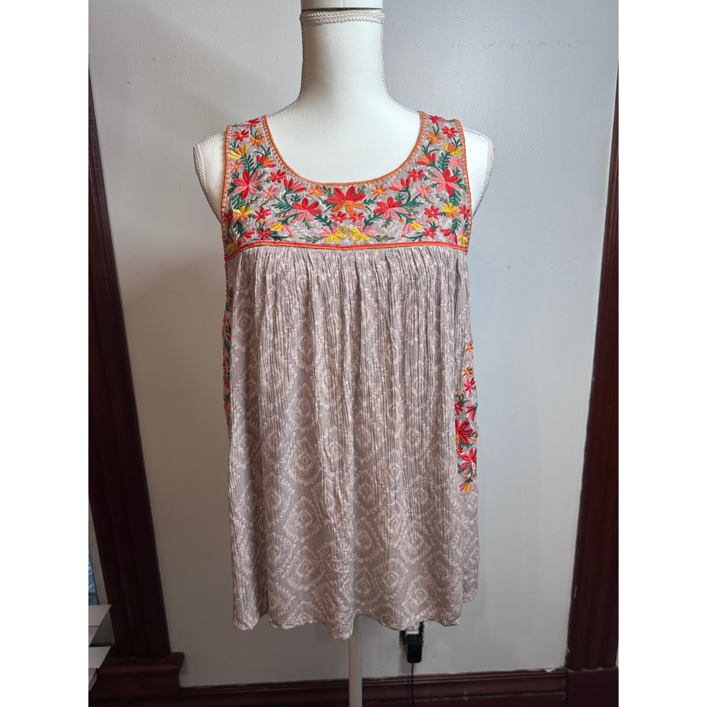 Savanna Jane Gray Floral Embroidered Sleeveless Boho Blouse Top Large 16370-1